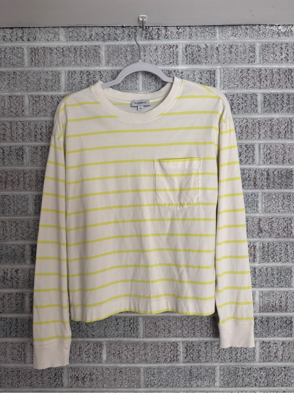 Evereve Cream Crewneck Pocket Tee with Yellow/Green Stripes